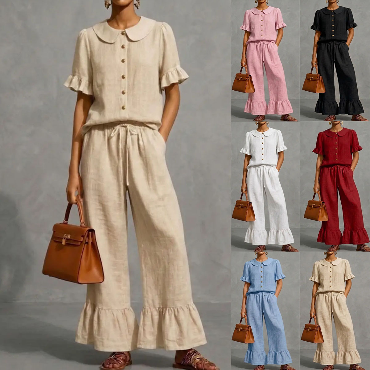 Ruffled Shirt & Wide-Leg Pants Linen Two-Piece Set