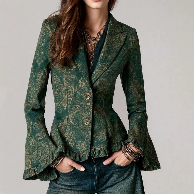 Bohemian Paisley Print Flare-Sleeve Blazer