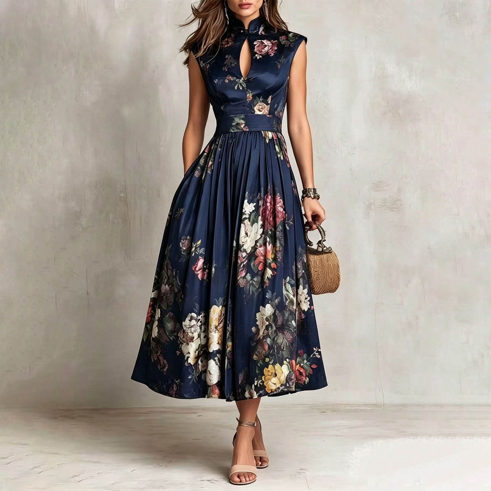 Elegant Printed Qipao-Collar A-Line Maxi Dress