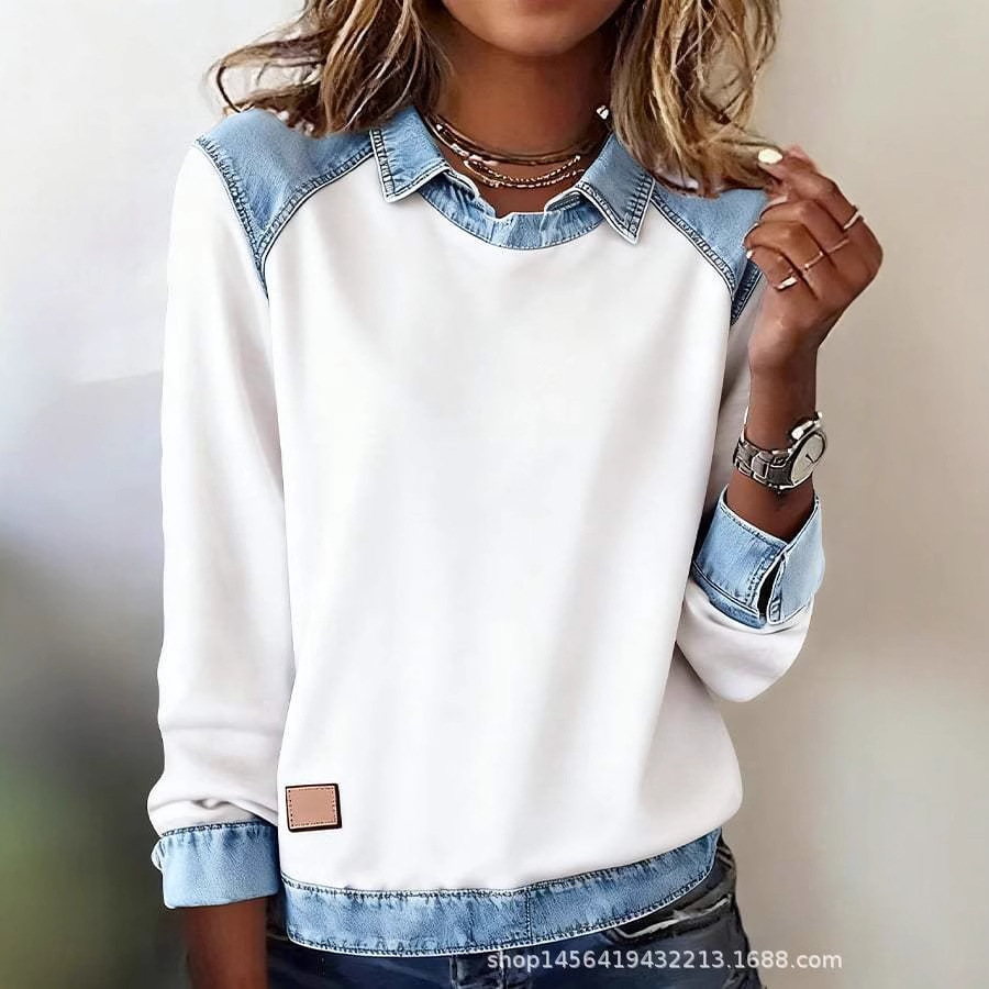 Denim Collar Long Sleeve Patchwork Knit Top