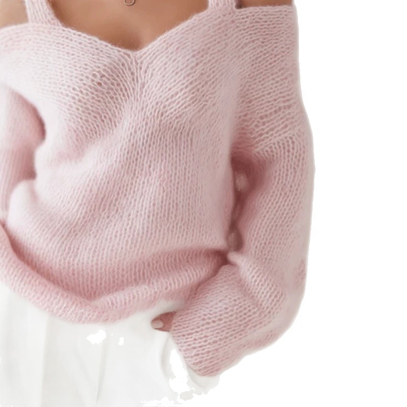 Pink V-Neck Off-Shoulder Loose Knit Sweater