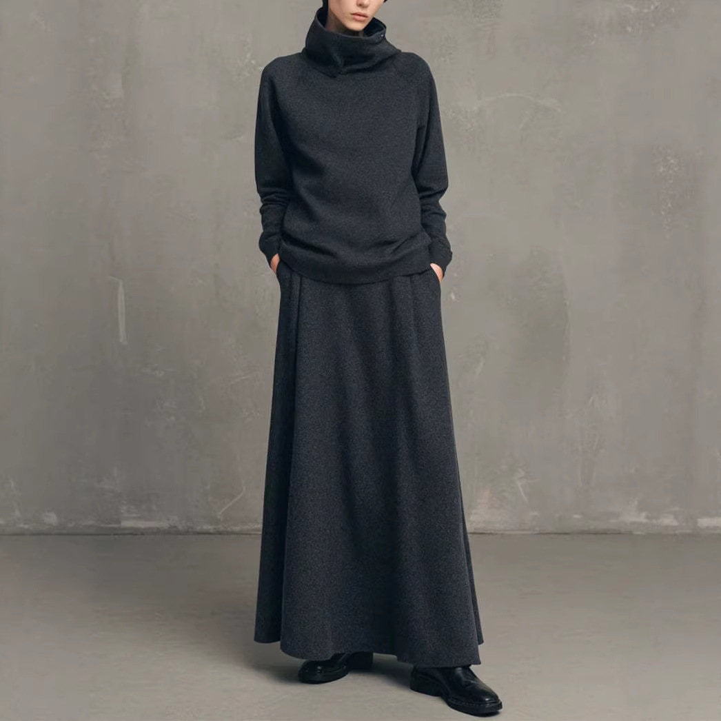 Minimalist Solid High-Neck Sweatshirt and Long Skirt Two-Piece Set