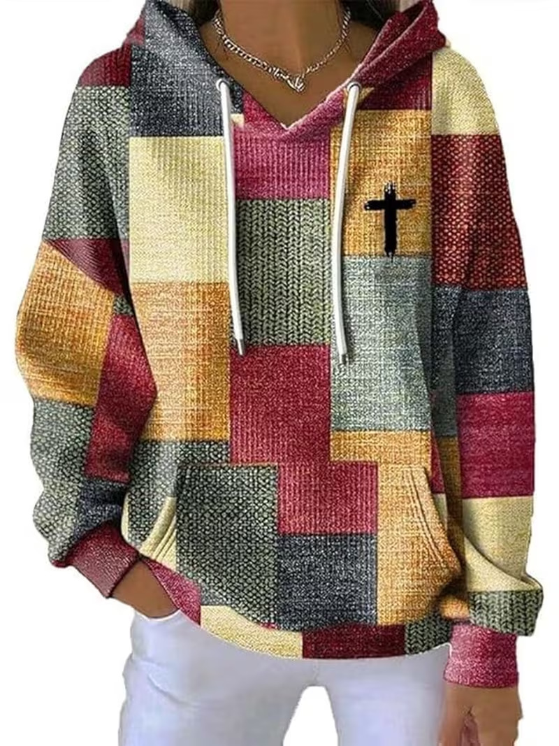 Women's Cross Colorblock Print Casual Hoodie