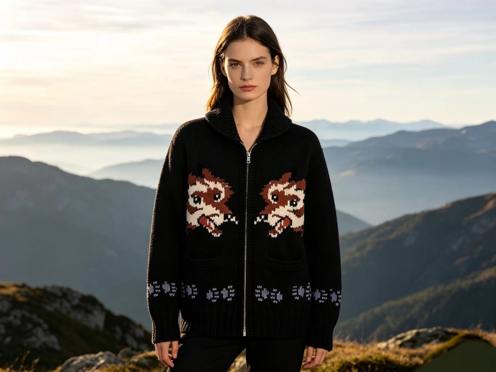 Retro Double Wolf Jacquard Zip-Up Knit Cardigan Women's Loose Lazy Sweater