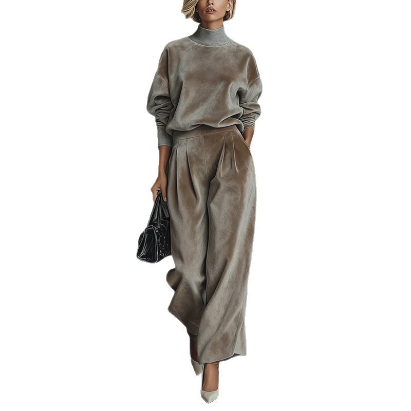 Women's Knit Long-Sleeve Top & Wide-Leg Pants Two-Piece Set