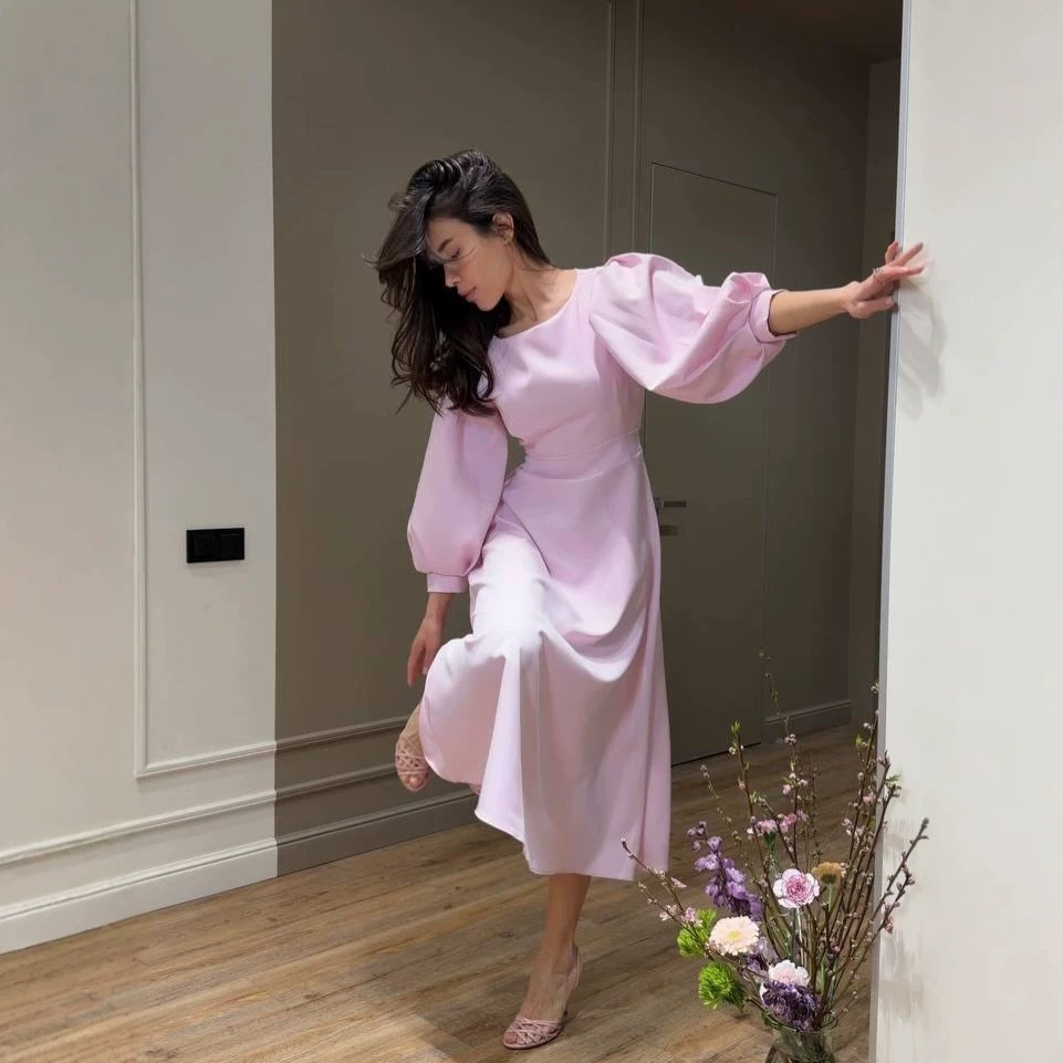 Solid Open-Back Lantern Sleeve Tie-Waist Long Dress
