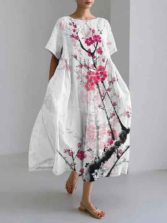 Women's Loose Round Neck Floral Print Midi Dress