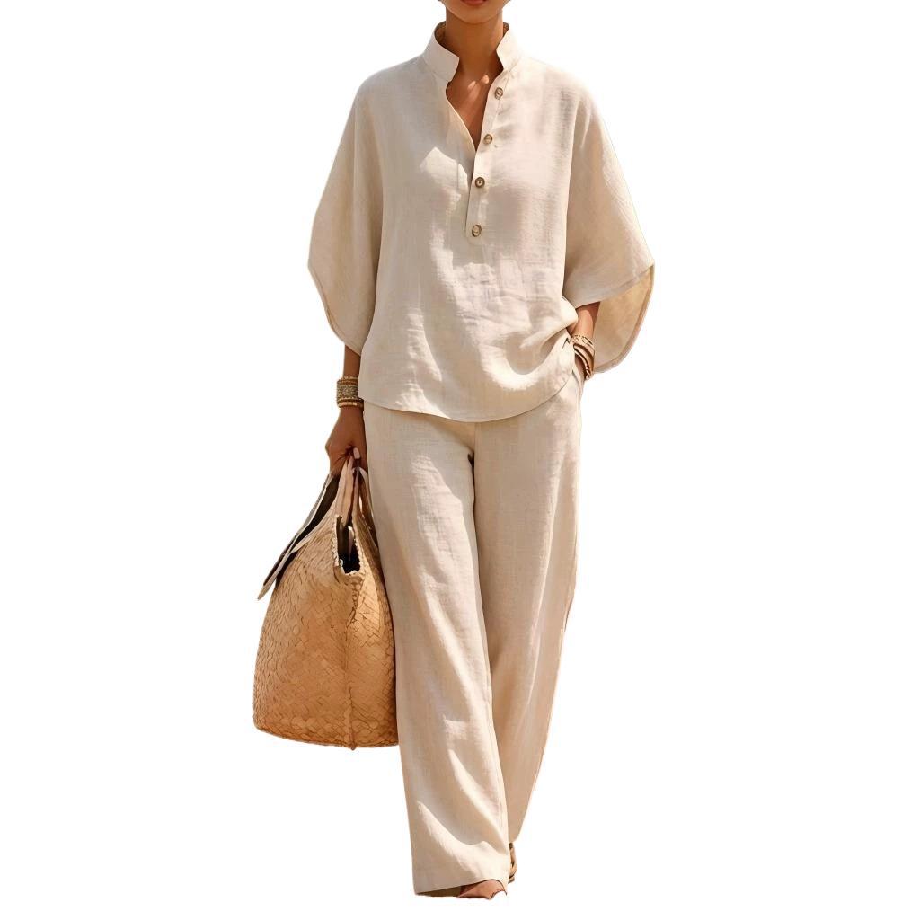 Women's Casual Button Shirt and Wide-Leg Pants Two-Piece Set