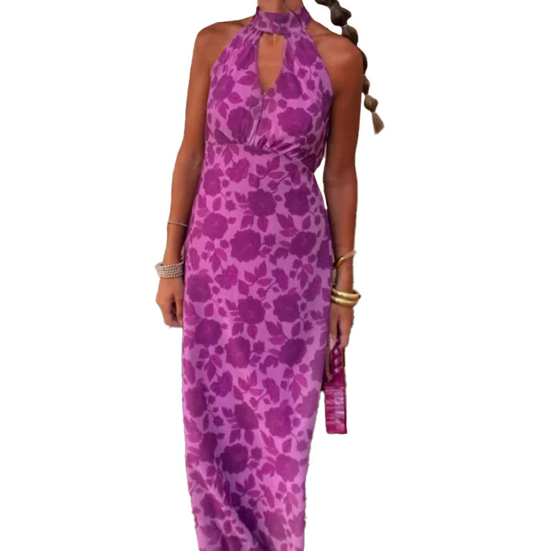Women's Botanical Print Long Dress – Elegant Loose A-Line High-Waist Long-Sleeve