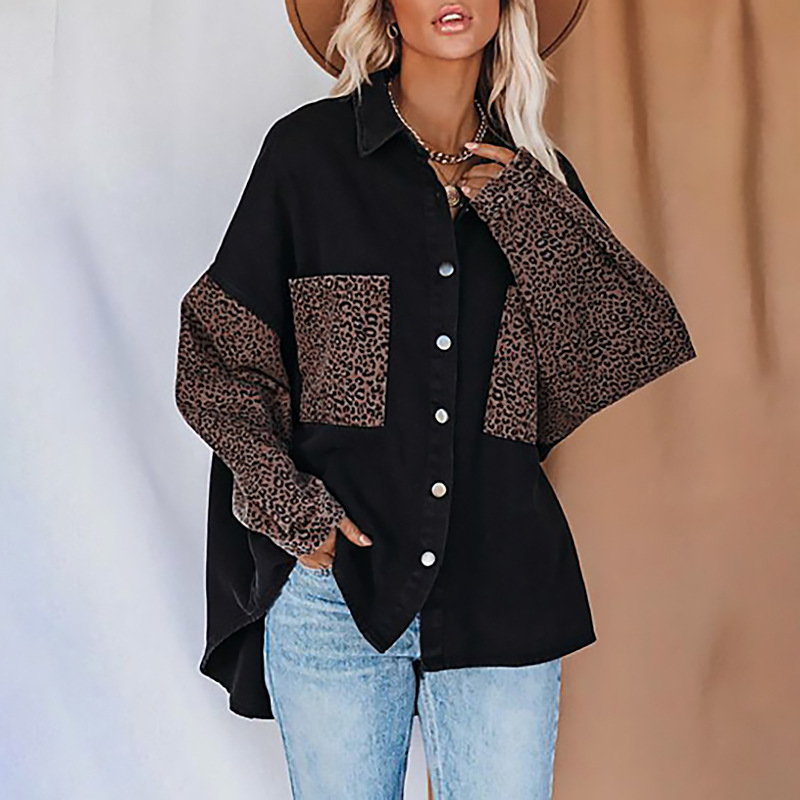 Leopard Print Long Sleeve Button-Front Collared Cardigan Loose Plus Size Coat