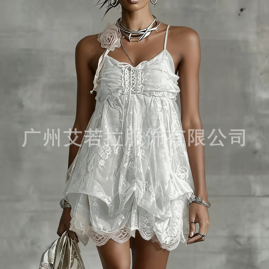 Princess Lace Cami Dress with Cinched Waist and Hepburn Style