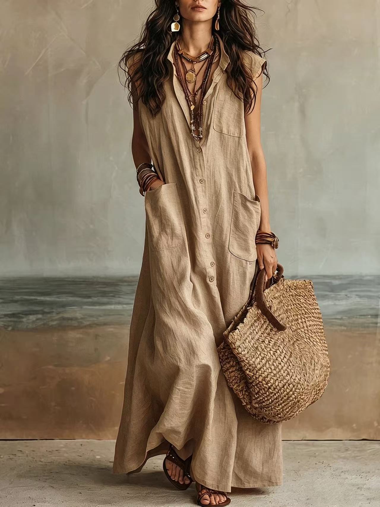 Off-Shoulder Boho Shirt Dress Loose Fit Long