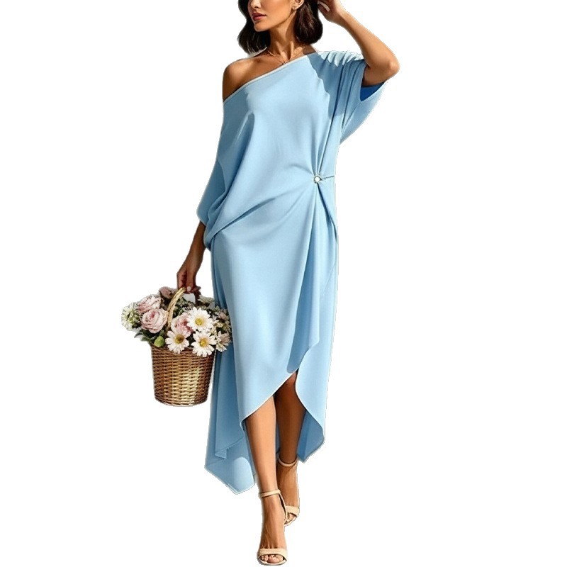 Women's Summer Long Dress French Minimalist Solid Color Elegant One-Shoulder