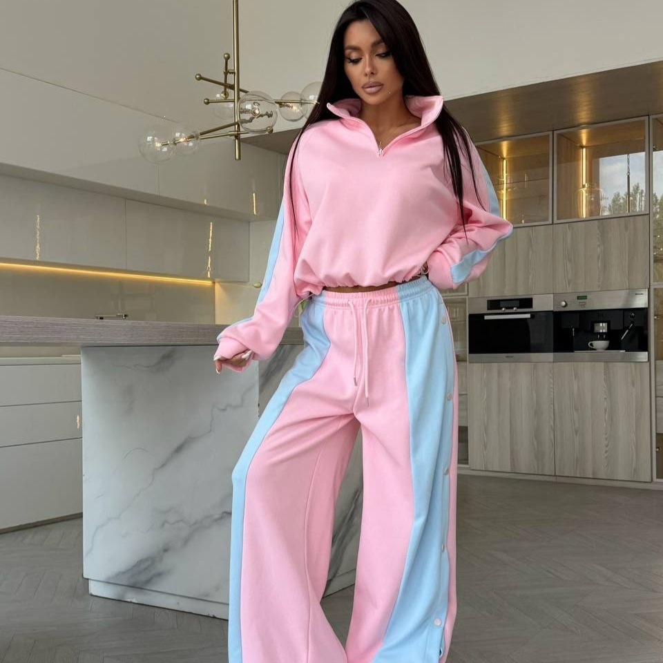 Women's Color-Block Long-Sleeve Half-Button Pant Set