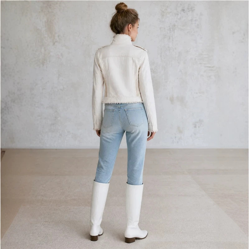 Casual Vintage Frayed Off-White Denim Jacket