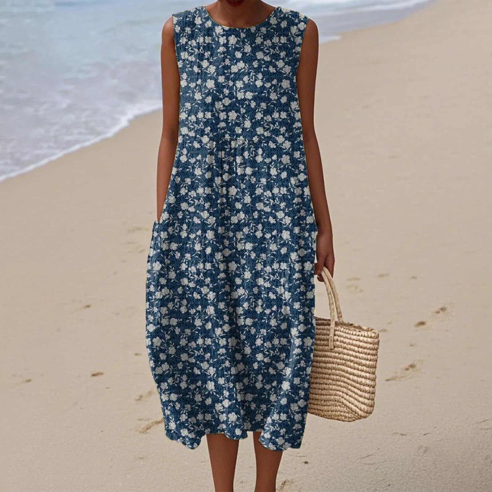 Women's Vintage Floral Print Midi Dress Sleeveless Round Neck Slim Fit