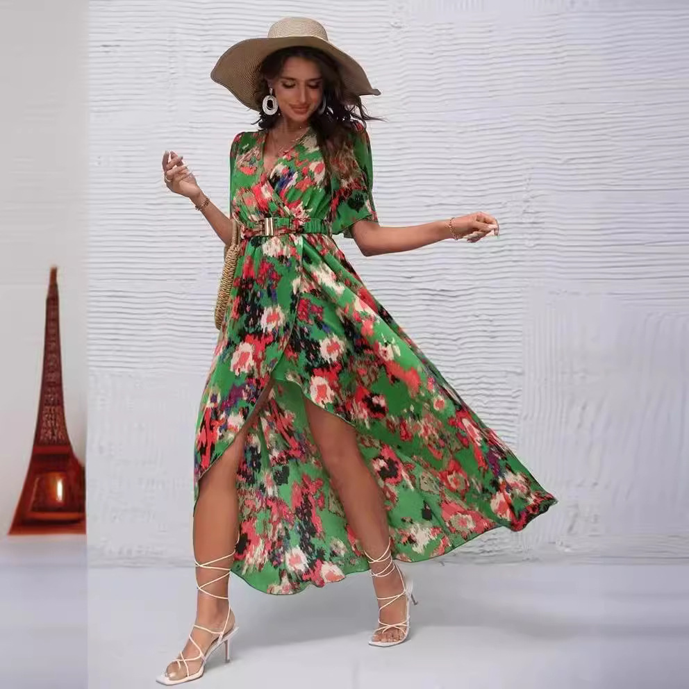Women's Summer V-Neck Short Sleeve Irregular Hem Beach Dress