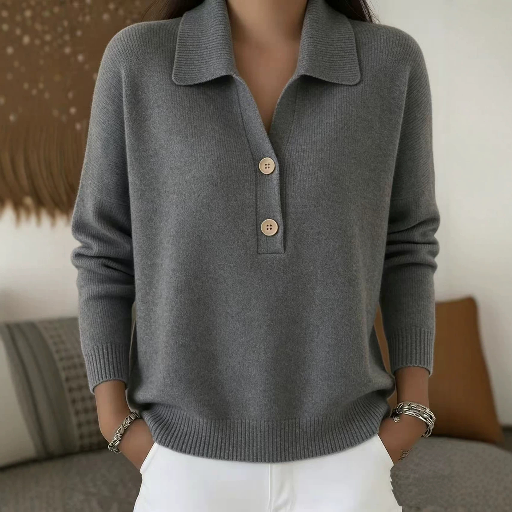 Women's Knit Sweater with Collared Half-Button Placket Loose Fit