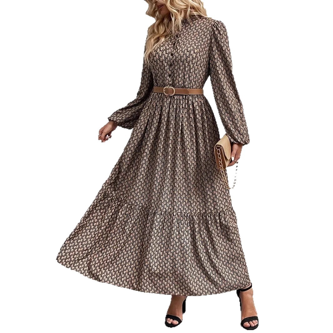 Elegant A-Line Long Dress with Geometric Print, Button Neck, Lantern Sleeves, High Waist, Acetate Satin