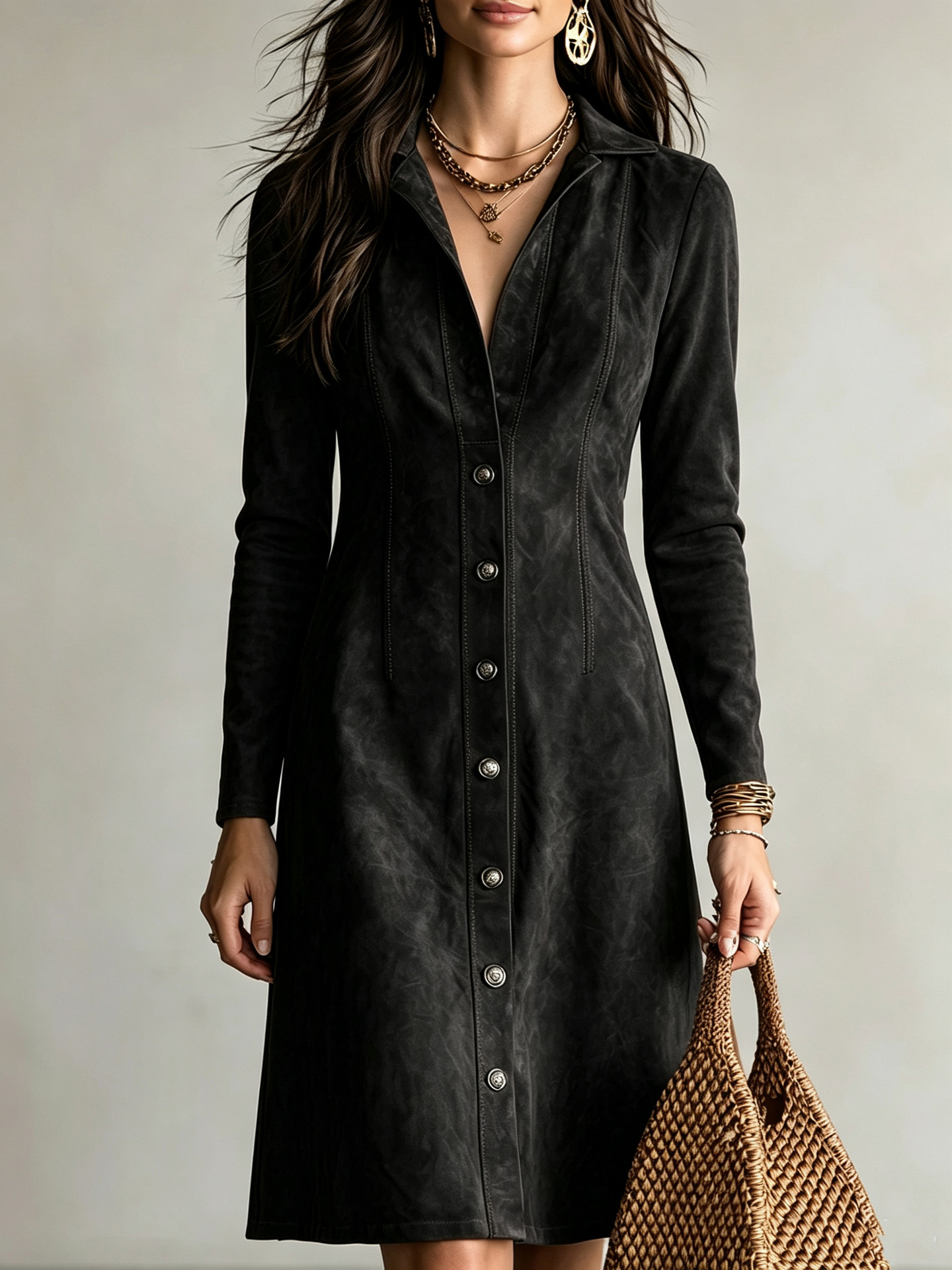Faux Suede Button-Front Slim Fit Long Sleeve Midi Dress