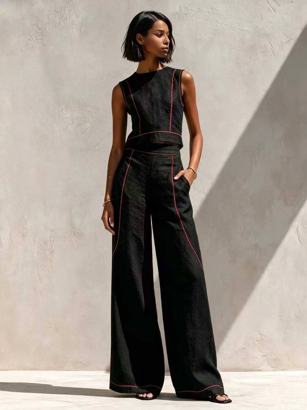 Sleeveless Color-Block Wide-Leg Pants Set Women's Casual Two-Piece