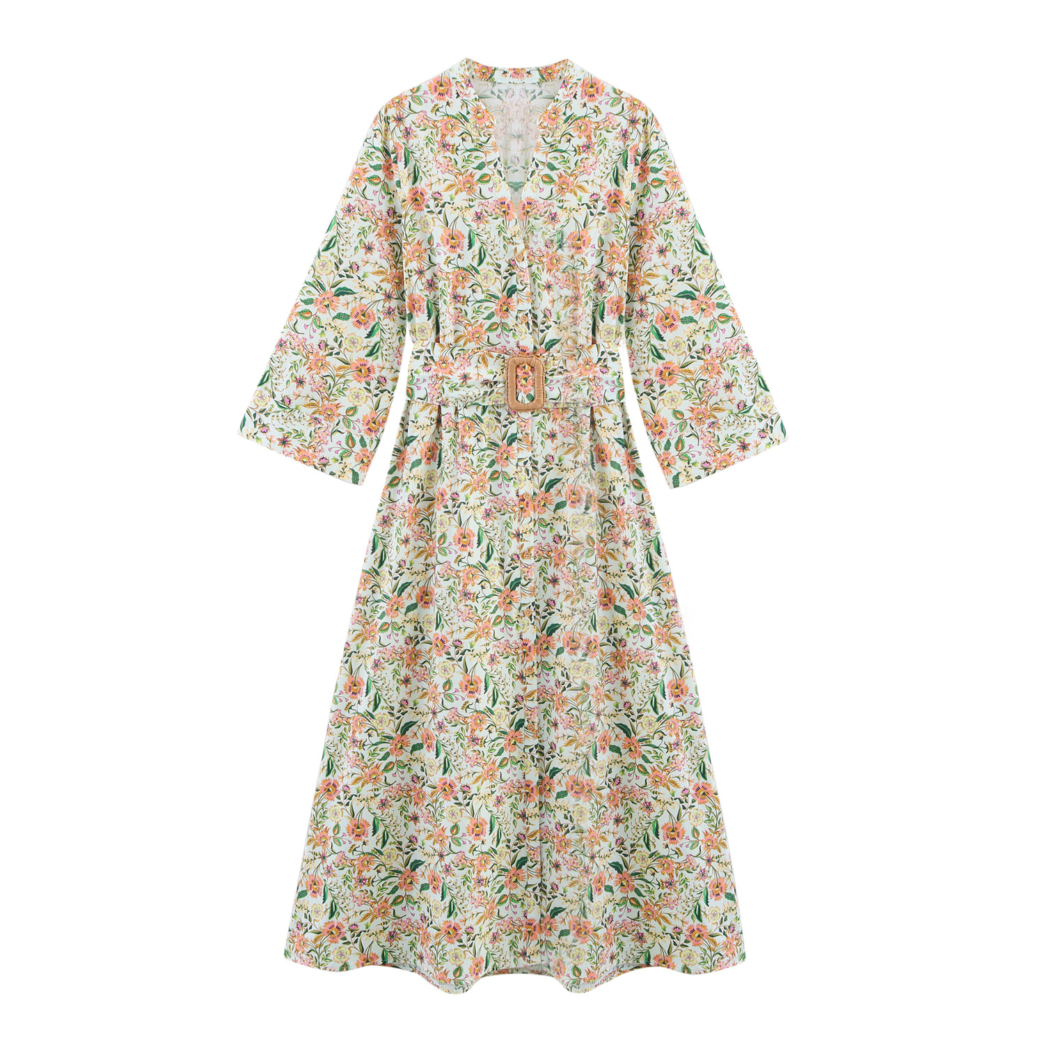 Women's Long Sleeve Printed Waist-Cinching A-Line Dress