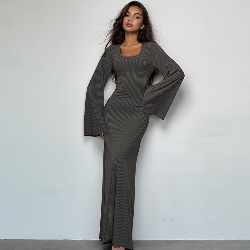 Women's Loose Fit High Waist Ribbed Long Sleeve Dress with Back Tie and Flared Sleeves