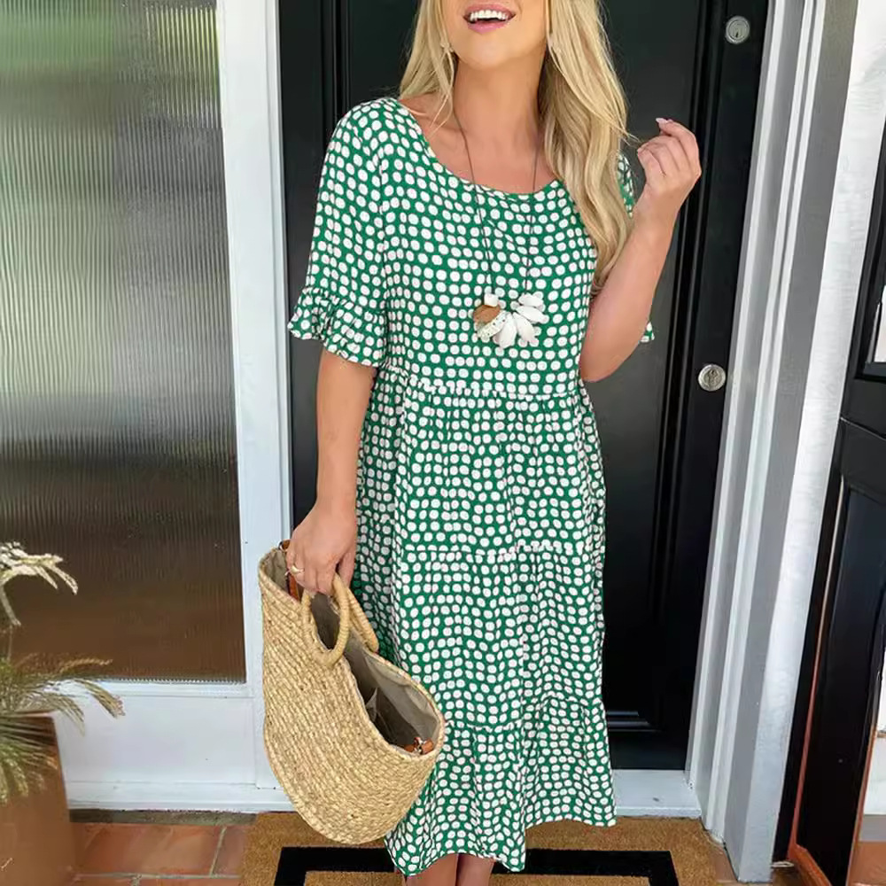 Women's Summer Round Neck Printed Short Sleeve A-Line Dress