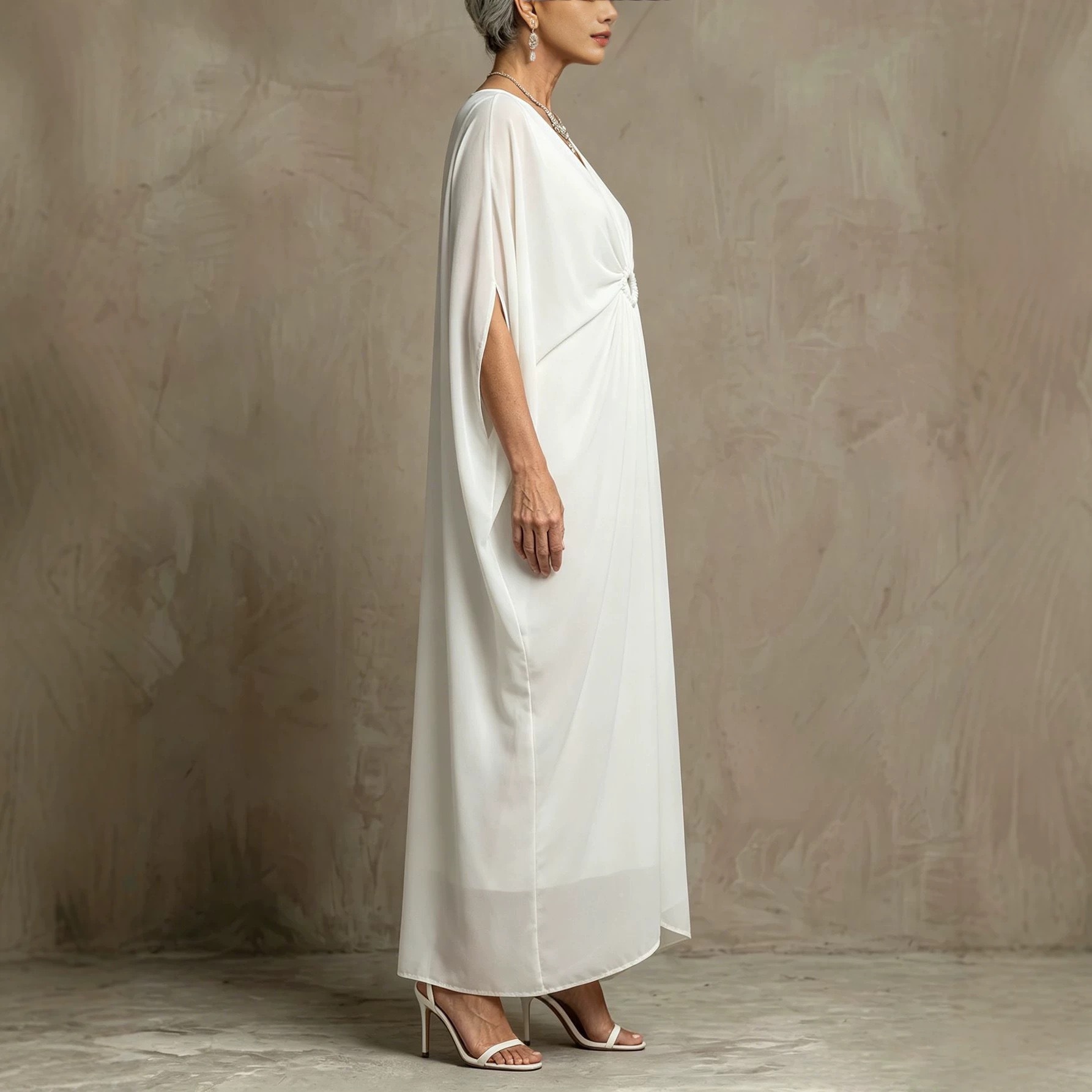 Button Waist Batwing Sleeve V-Neck Midi Dress