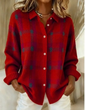 Women's Plaid Long Sleeve Collared Cardigan Sweater