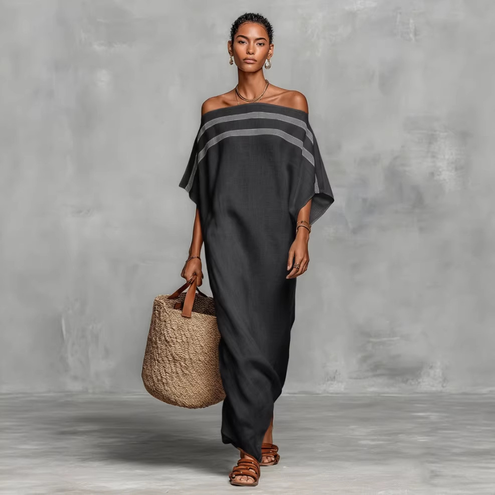 Striped Off-Shoulder Linen Dress Women's Summer Casual Long Dress
