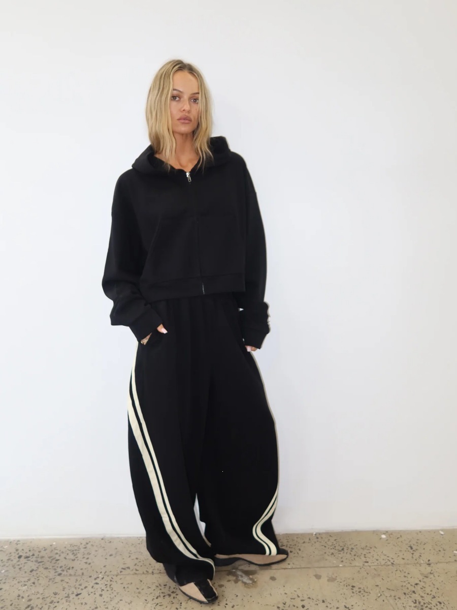 American Retro Striped Two-Piece Set: Cropped Zip Hoodie & Wide-Leg Pants
