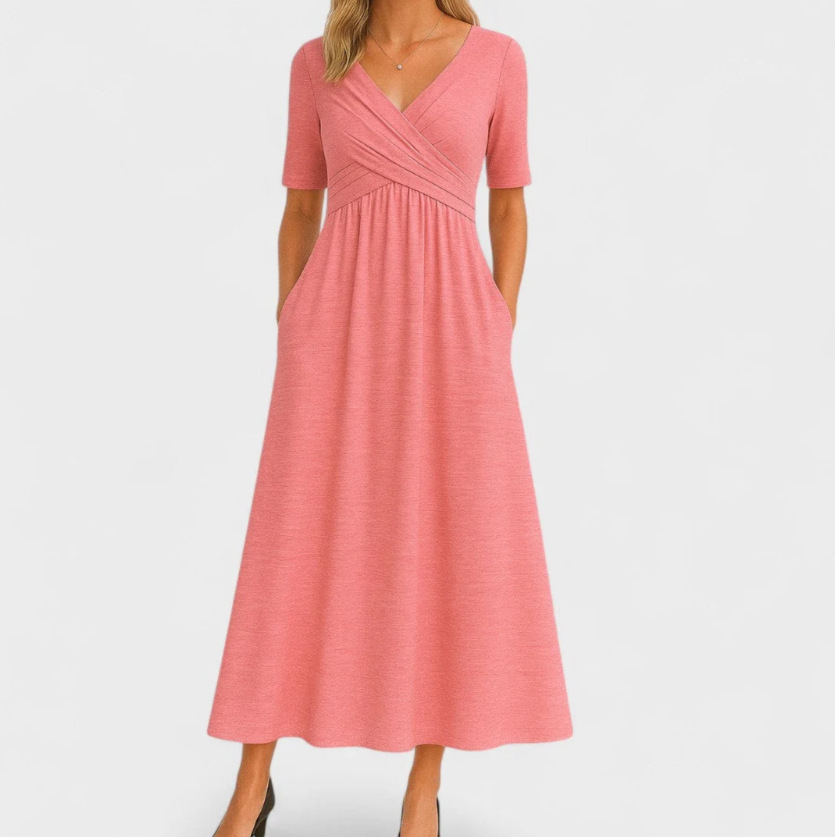Women's Elegant Solid V-Neck Midi Sleeve Maxi Dress