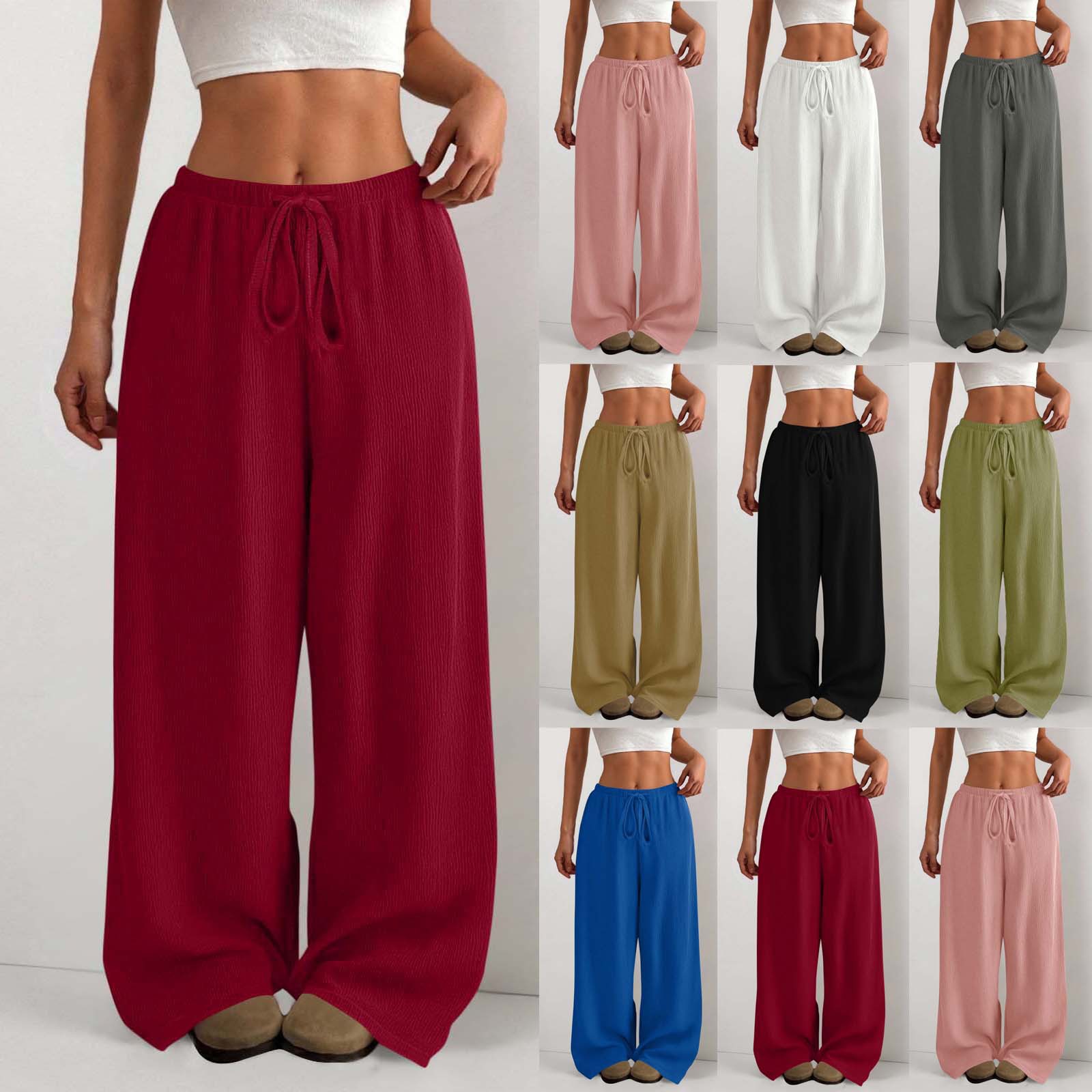 Women's Solid Crinkle Wide-Leg Pants with Drawstring Waist