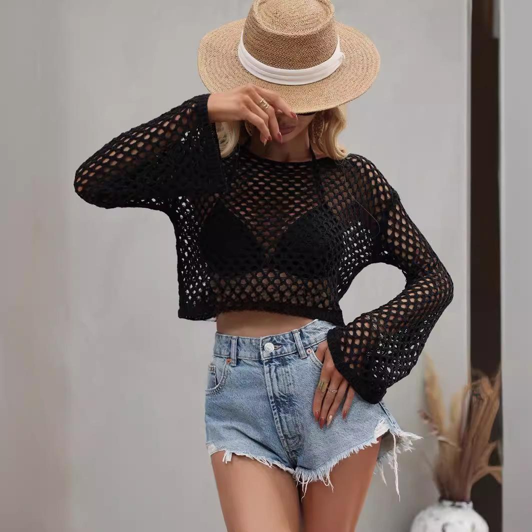 Women's Hollow-Out Knit Sweater with Bell Sleeves and Round Neck