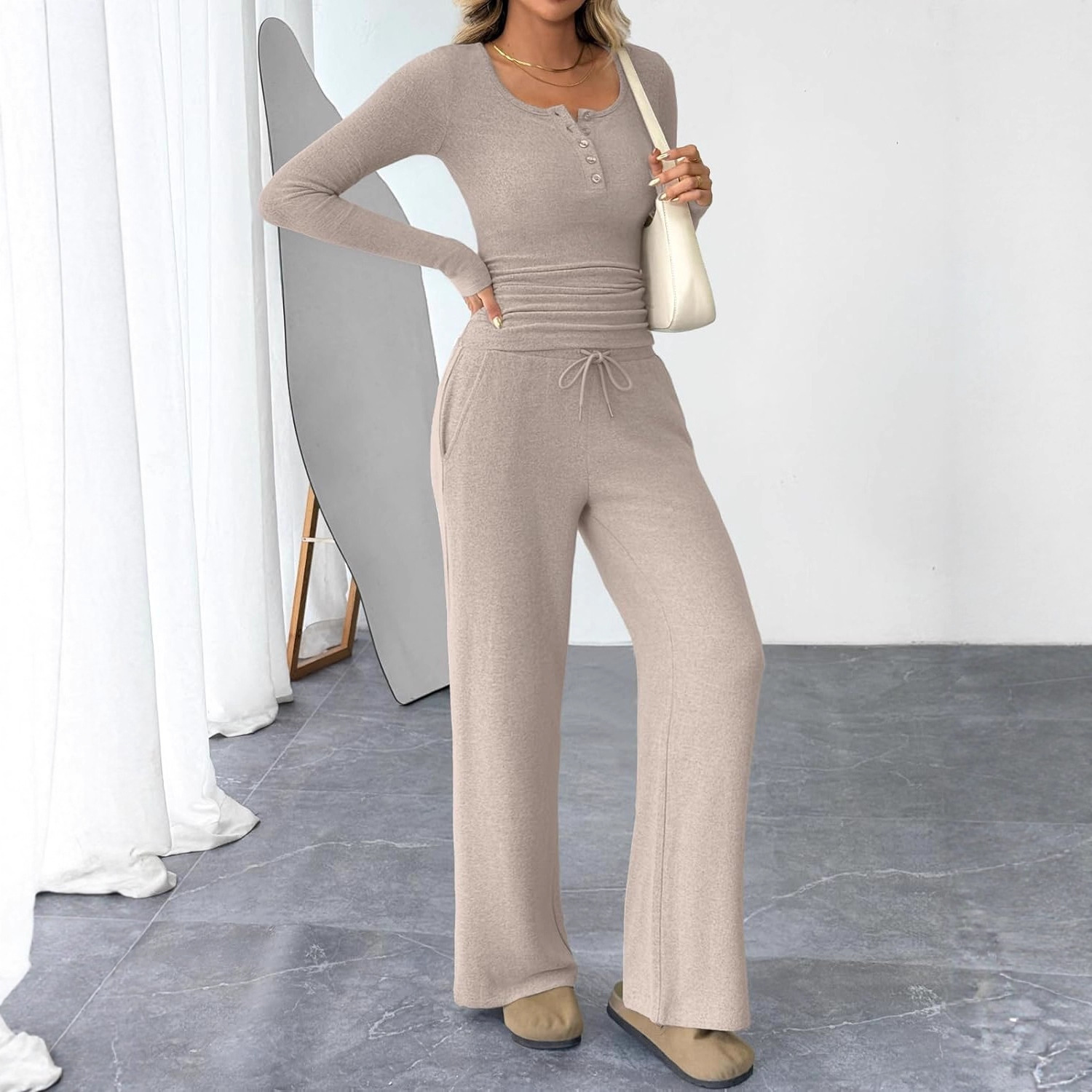 Women's Two-Piece Long Sleeve Top and Wide-Leg Pants Set