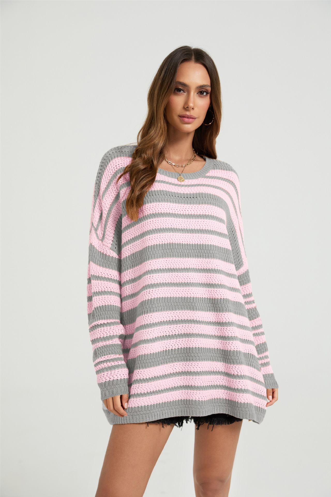 Color-Block Striped Knit Pullover Sweater Women Loose Fit Long Sleeve