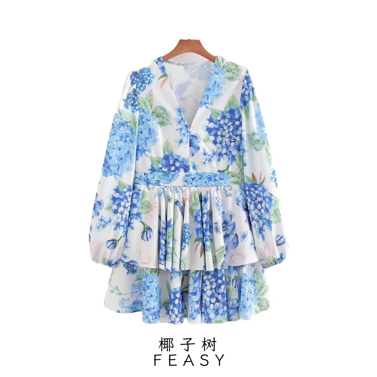 Women's V-Neck Floral Print Long Sleeve Midi Dress