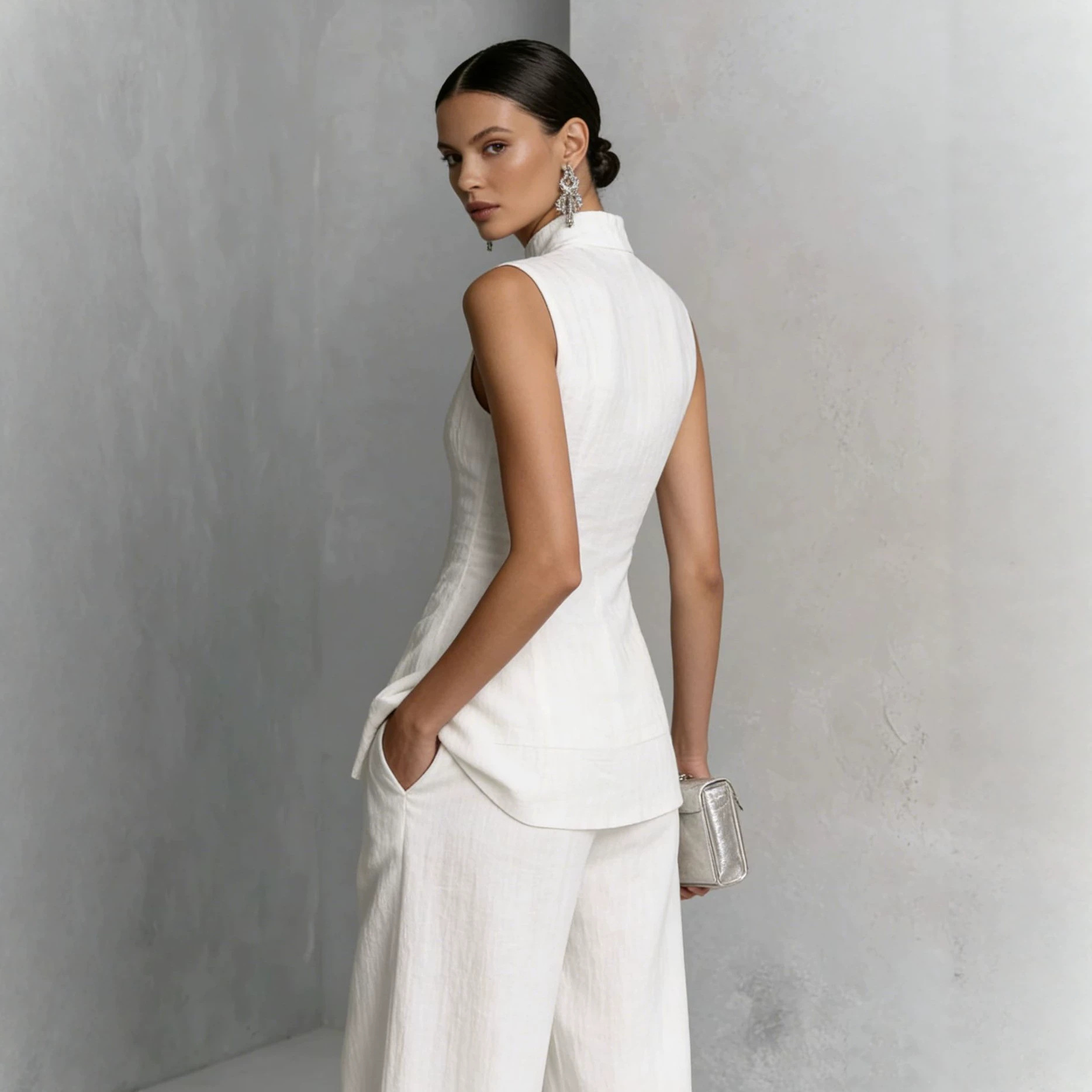 Women's Sleeveless Blouse and Pants Set Solid Color Drapey Two-Piece Outfit