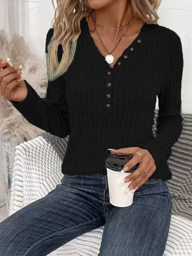 Plus Size V-Neck Button Knit Top Long Sleeve Solid Casual