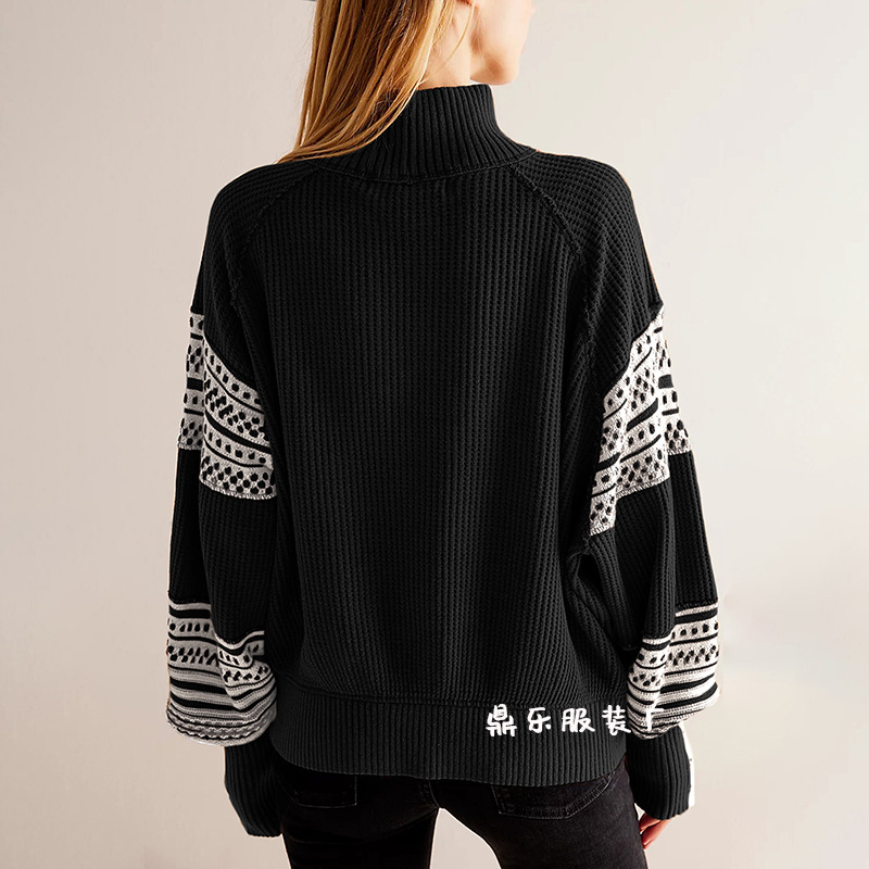 Color-Block Knit Half-Turtleneck Pullover Sweater