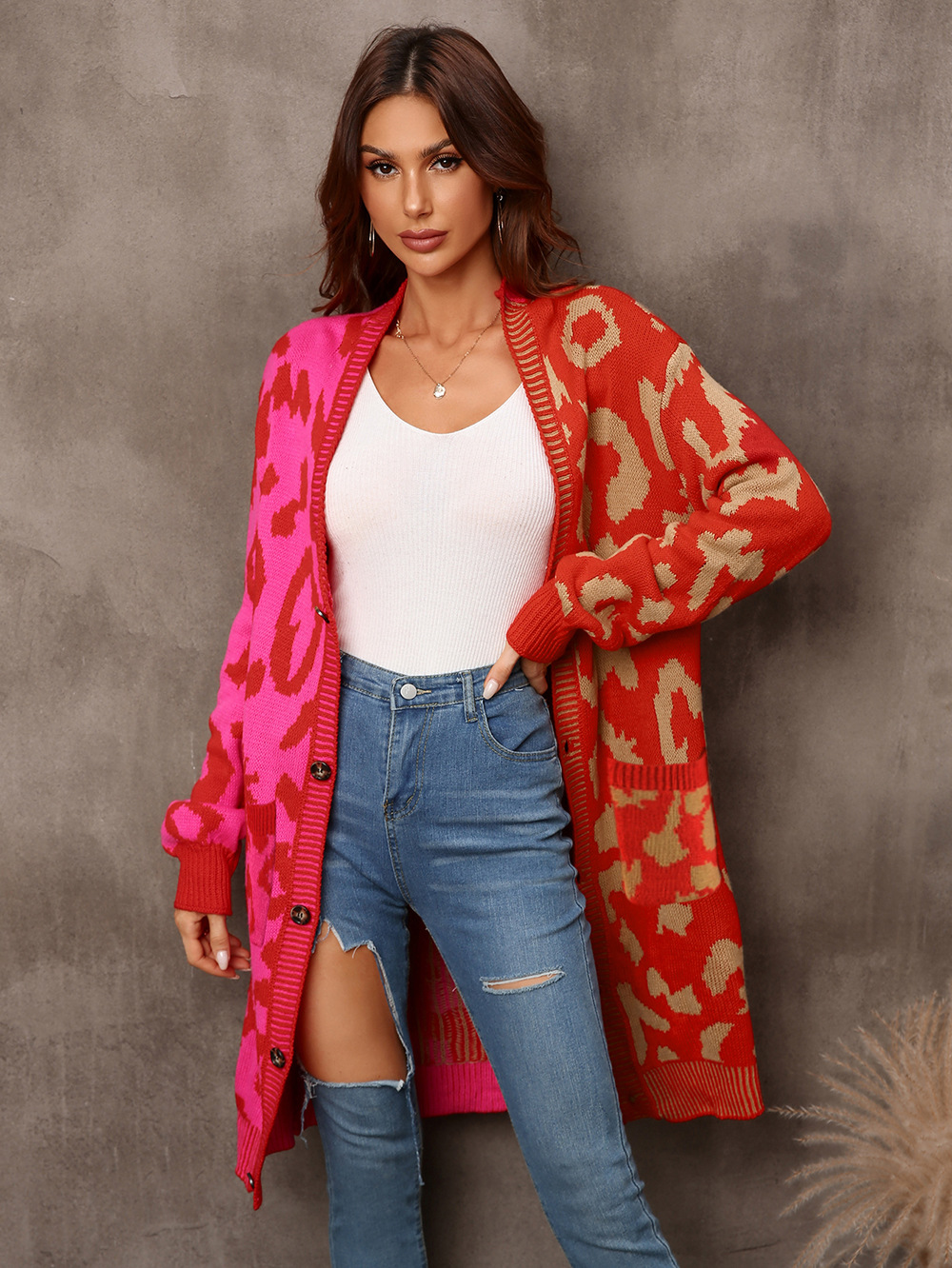 Leopard Print Color Block Knit Cardigan Mid-Length Women's Sweater