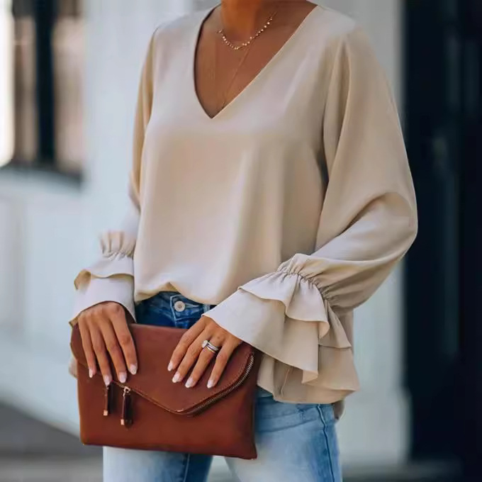Women's Casual Loose Solid V-Neck Long Sleeve T-Shirt Top