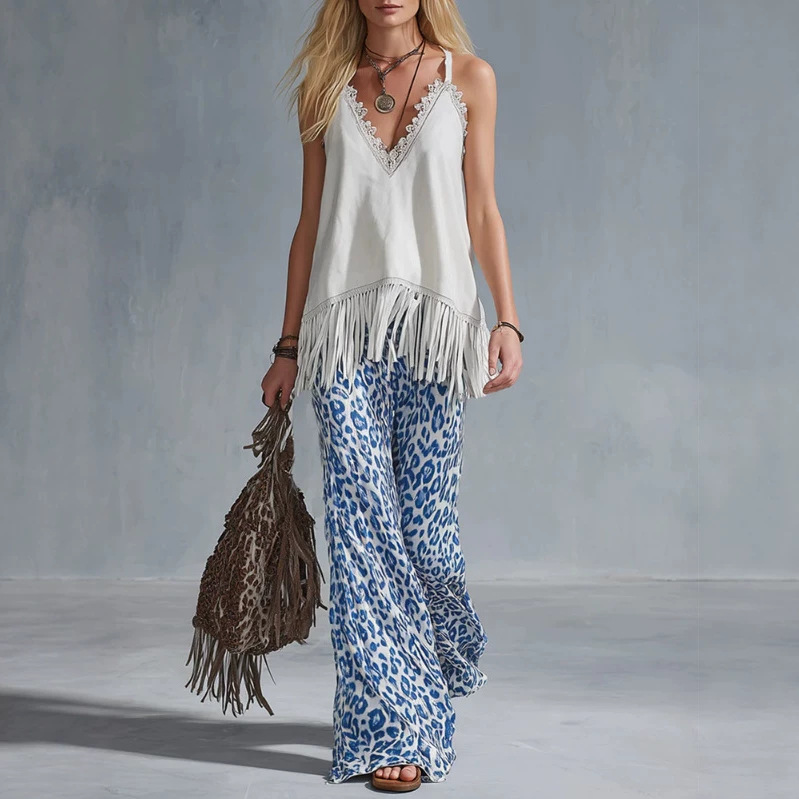 Elegant White Fringe Top and Blue Leopard Chiffon Flare Pants Set