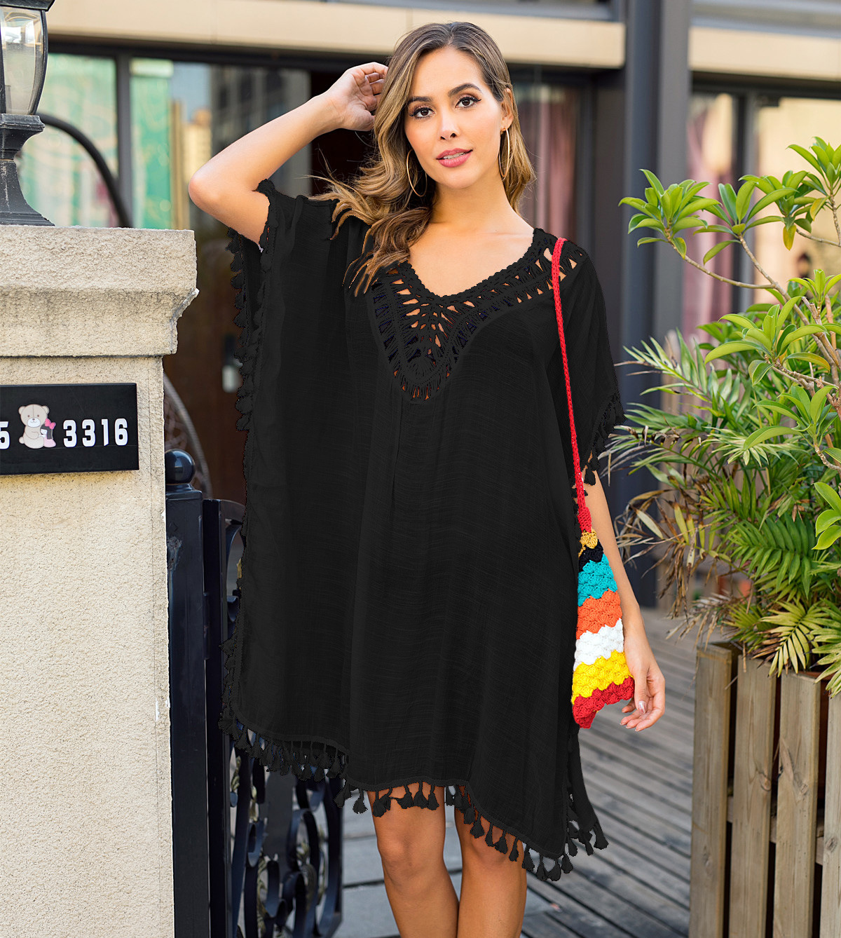 Women's Crochet Fringe Open-Back Beach Cover-Up Dress