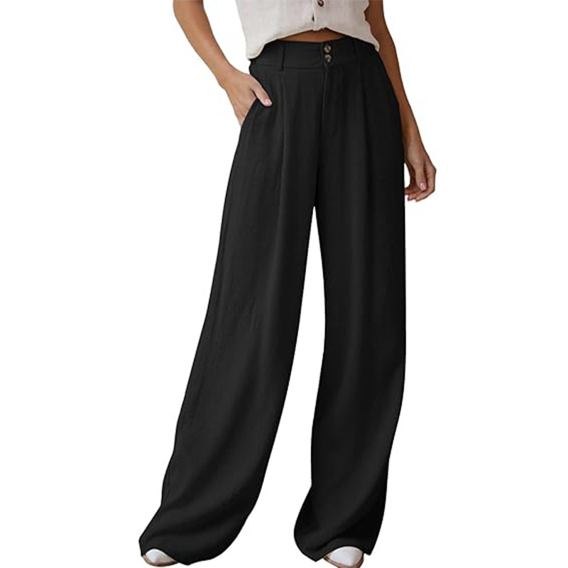 Women's Wide-Leg Cotton-Linen Pants High-Waist Flowy Straight-Leg