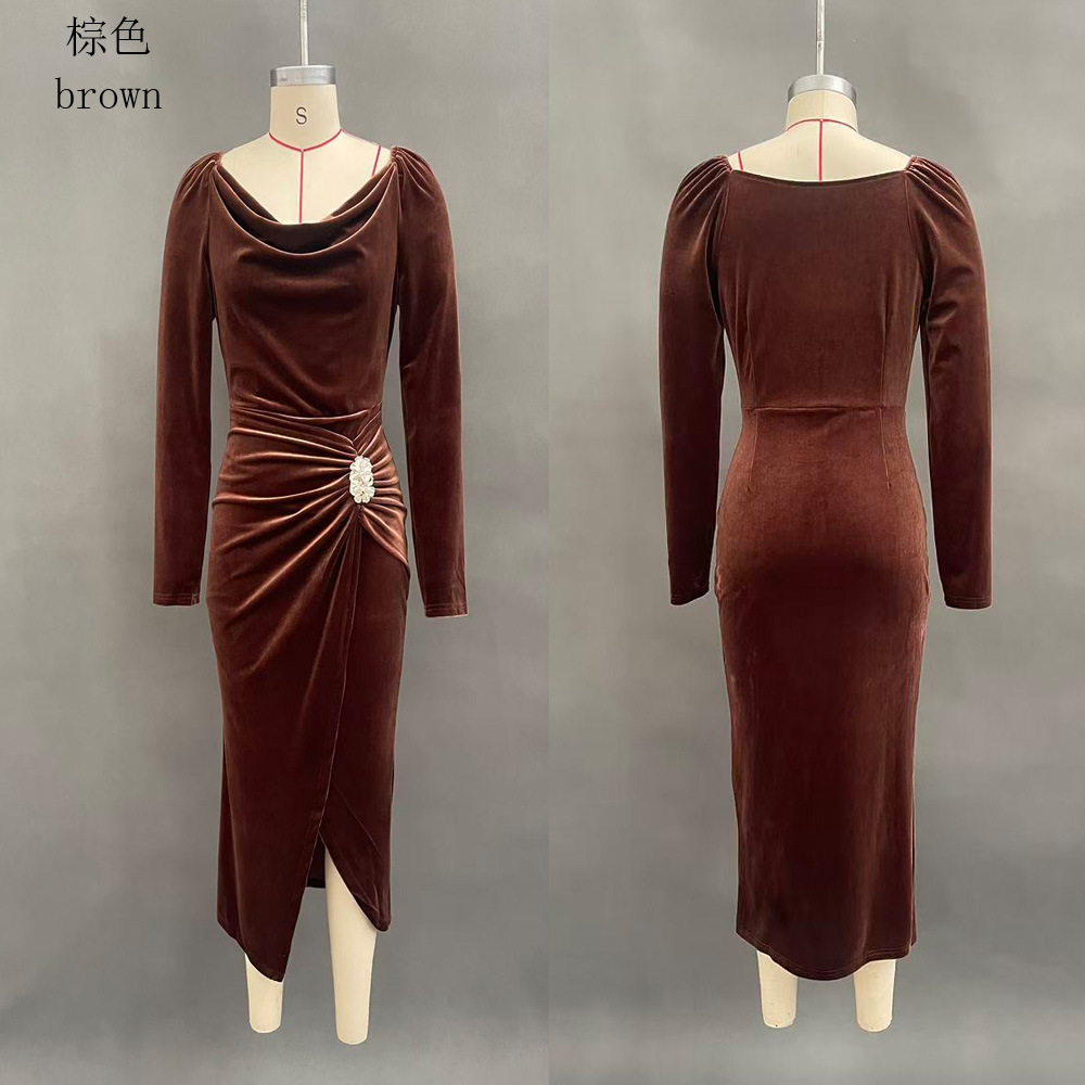 Women's Velvet Long Sleeve Ruched High Slit Bodycon Dress