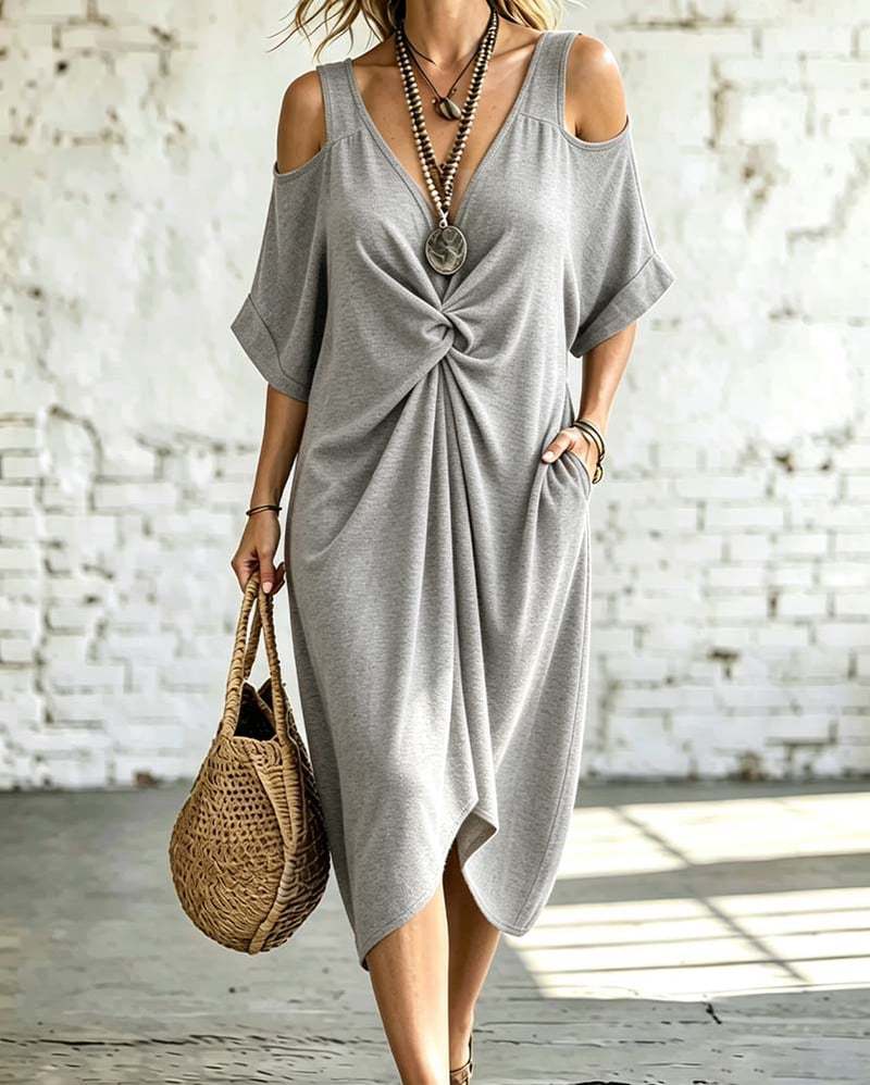 Off-Shoulder Short Sleeve V-Neck Loose Plus Size Pleated Dress