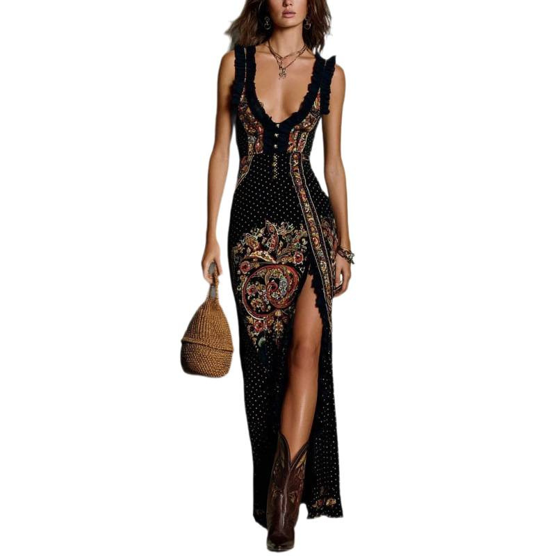 Digital Print Sleeveless Split Long Dress