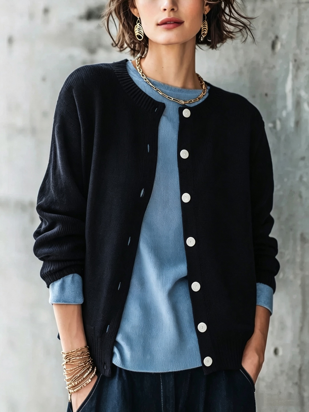 Women's Solid Crewneck Knit Cardigan Long Sleeve Button Casual Sweater Coat